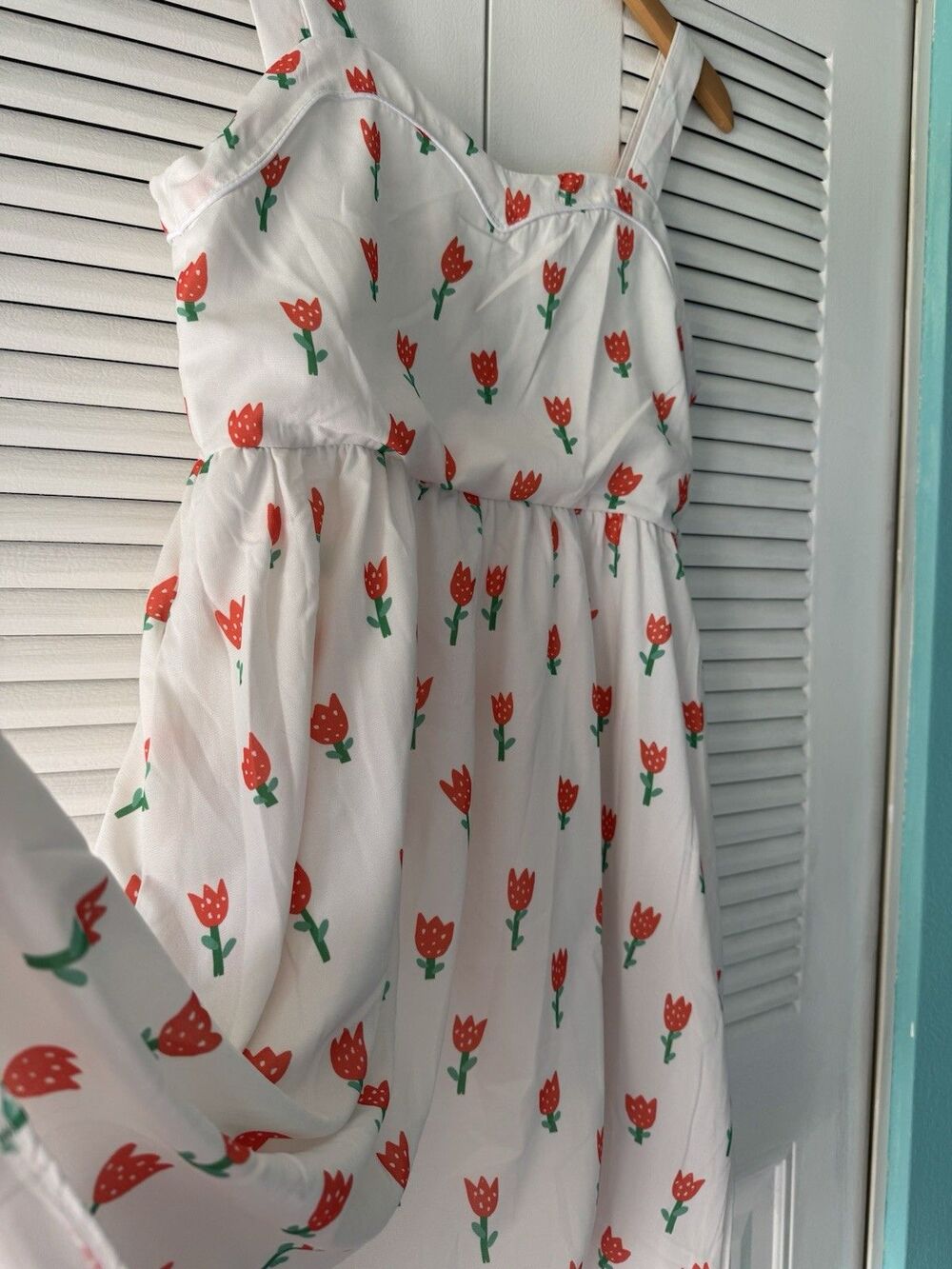 Tulip Print Sundress Sweetheart Neck White Floral Cottagecore Summer Dress L - Picture 6 of 8
